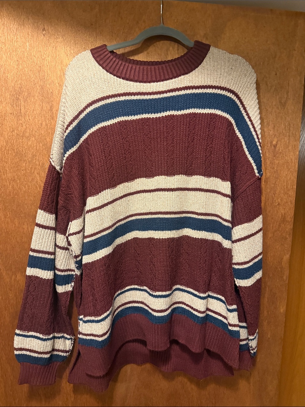Gilded Intent Striped Crewneck Sweater — Burgundy, Cream & Blue